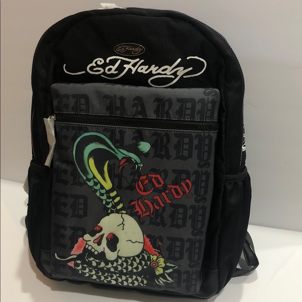 Ed Hardy black padded Ed Hardy insignia laptop friendly unisex backpack‎ new